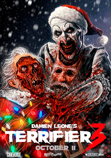 caratula de la portada de la pelicula de terrifier 3 que esta ambientada en navidad